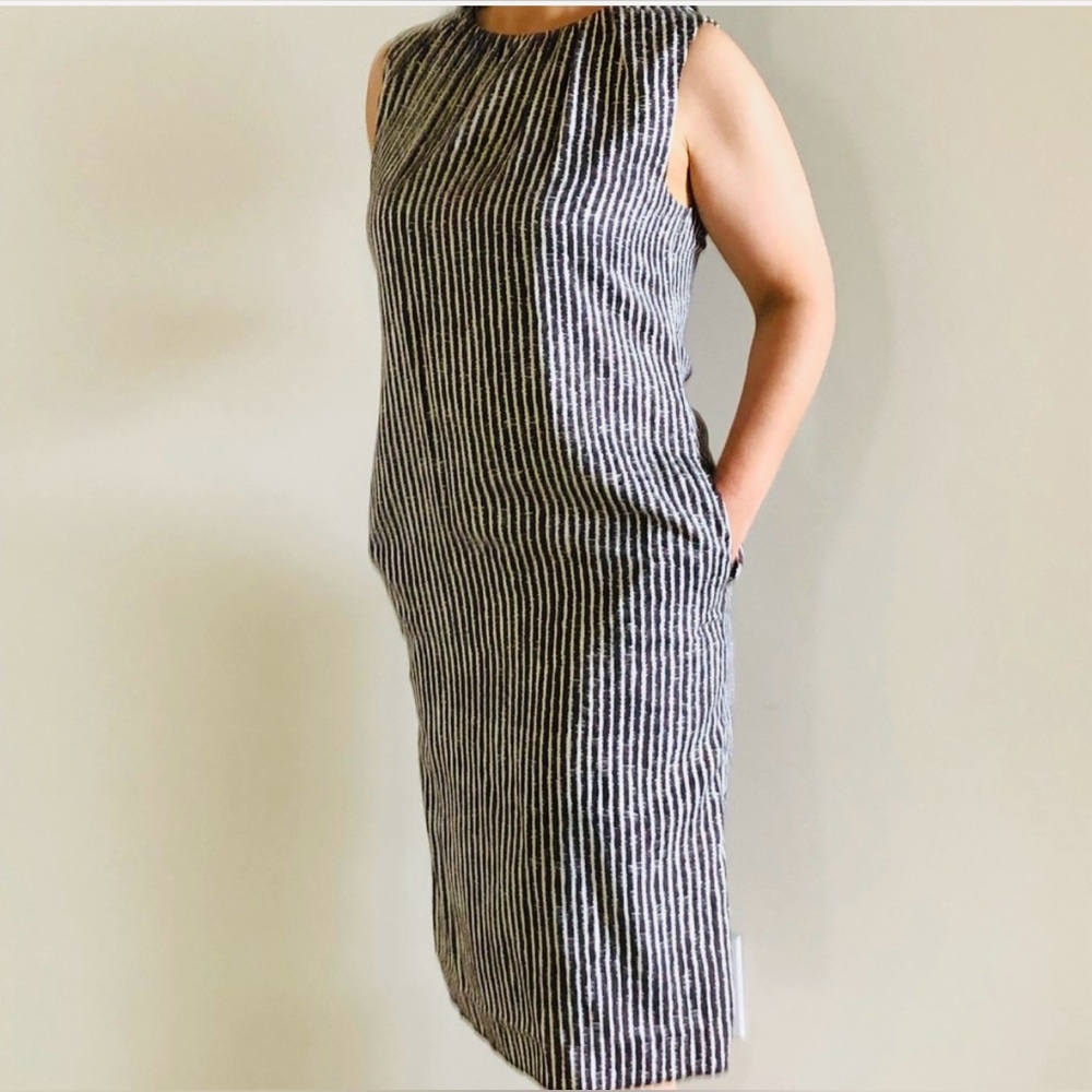 Tory Burch Petra Dress Women 4 Brown/white Striped Sleeveless Tweed Lined Sheath